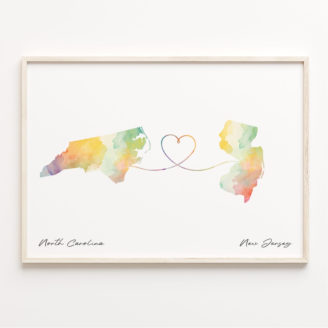 North Carolina New Jersey Watercolor Heart Map State Love Poster