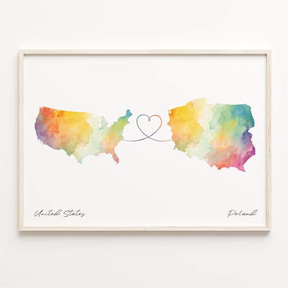 United States To Poland Watercolor Map Heart Line Connection Poster