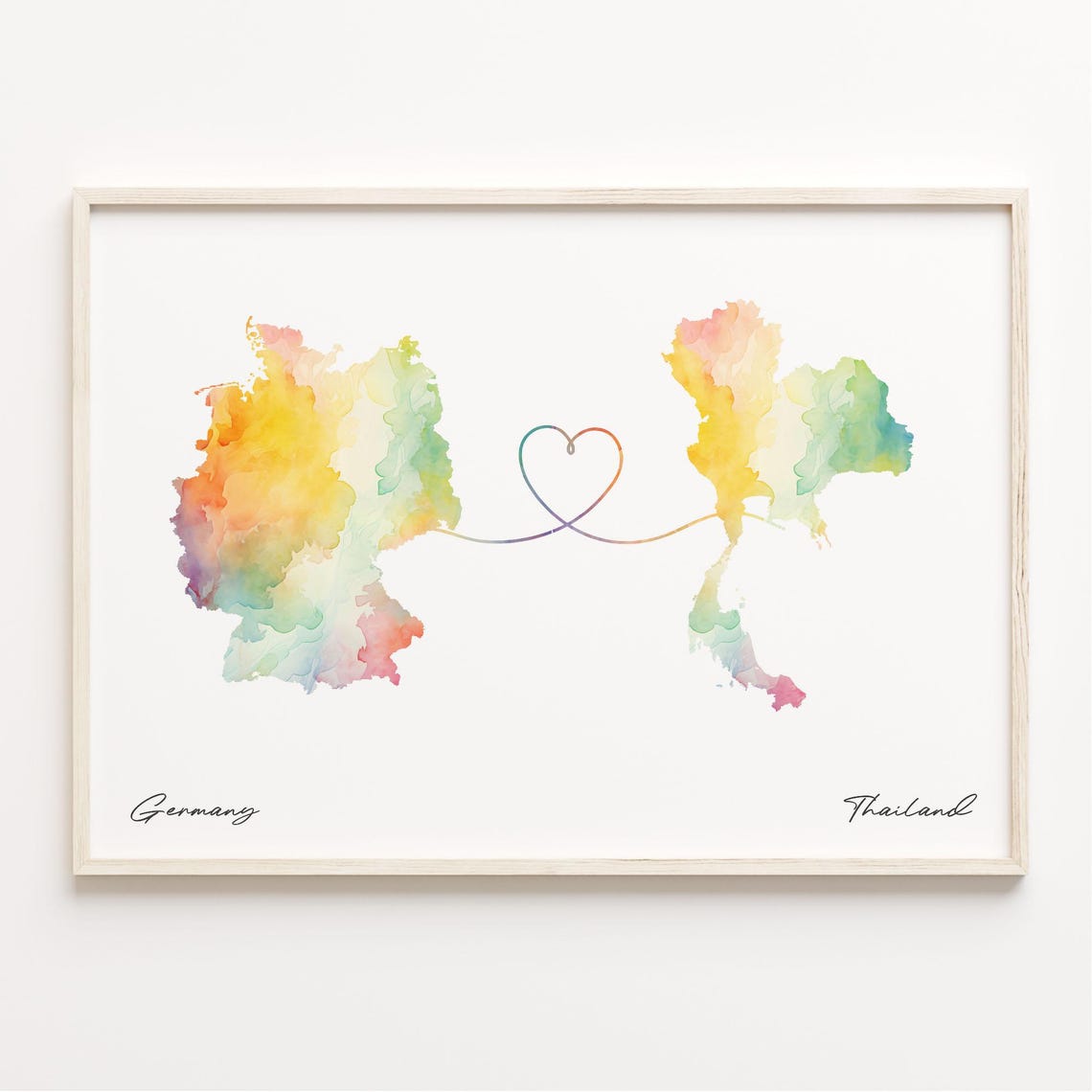 Germany to Thailand Watercolor Map Heart Long Distance Love Poster