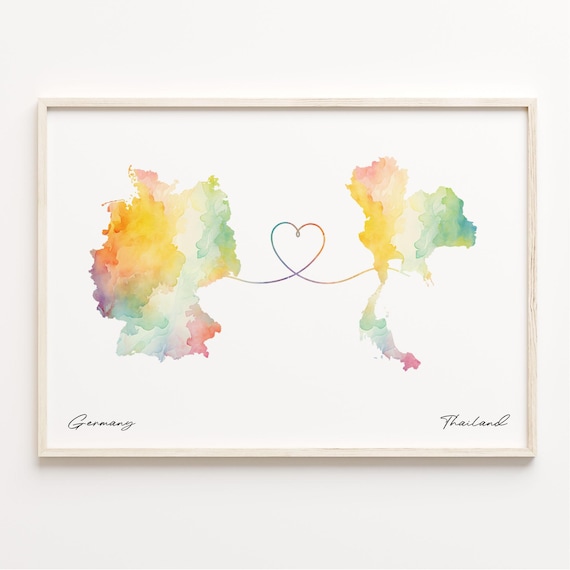 Germany to Thailand Watercolor Map Heart Long Distance Love Poster