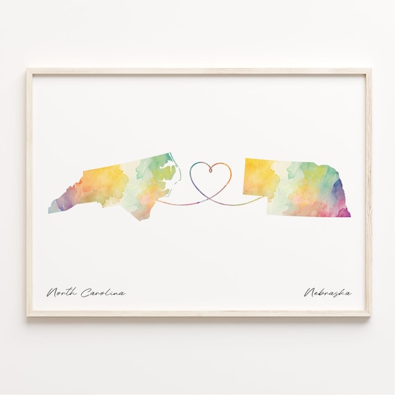 North Carolina To Nebraska Watercolor Map Heart Love Gift Print