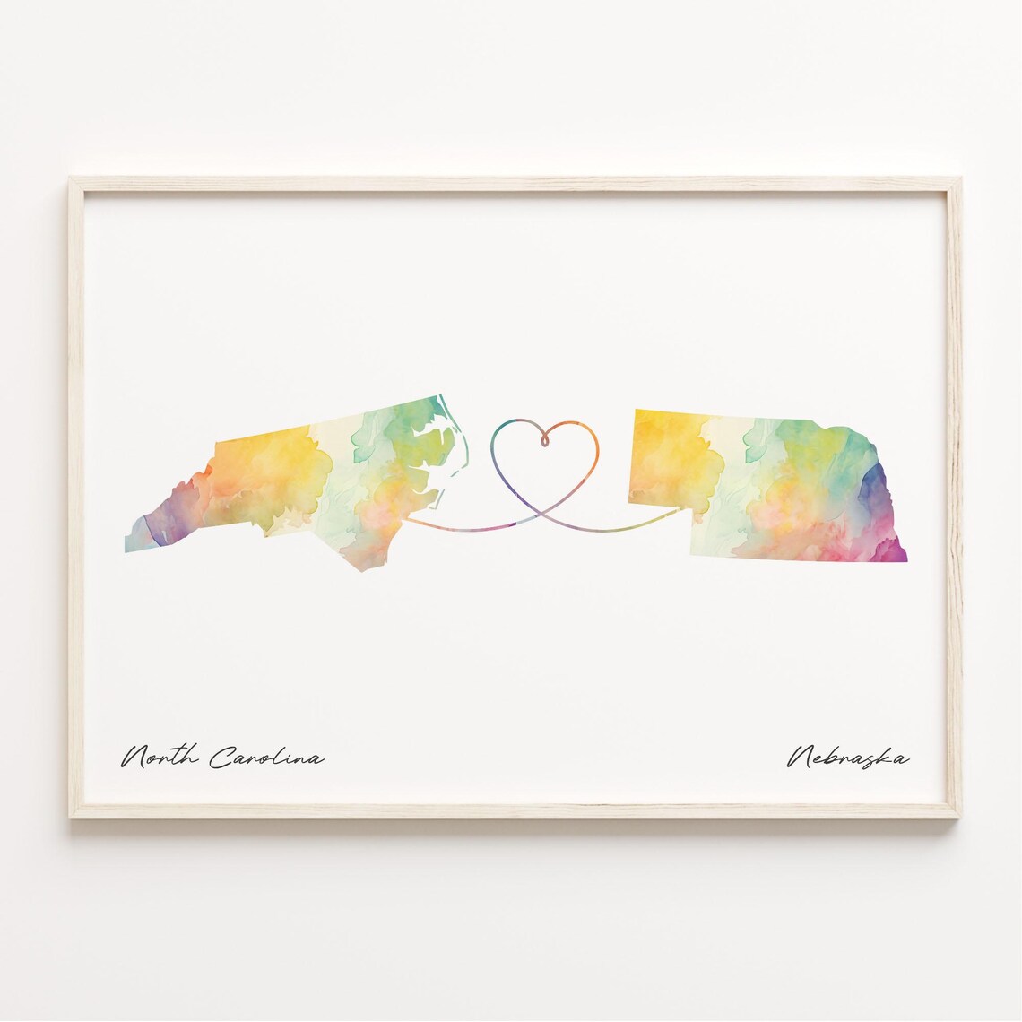 North Carolina To Nebraska Watercolor Map Heart Love Gift Print
