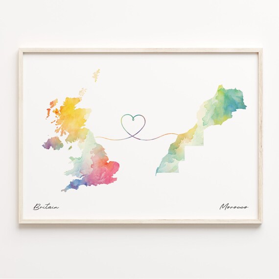 Britain To Morocco Watercolor Map Poster With Heart Connection Art