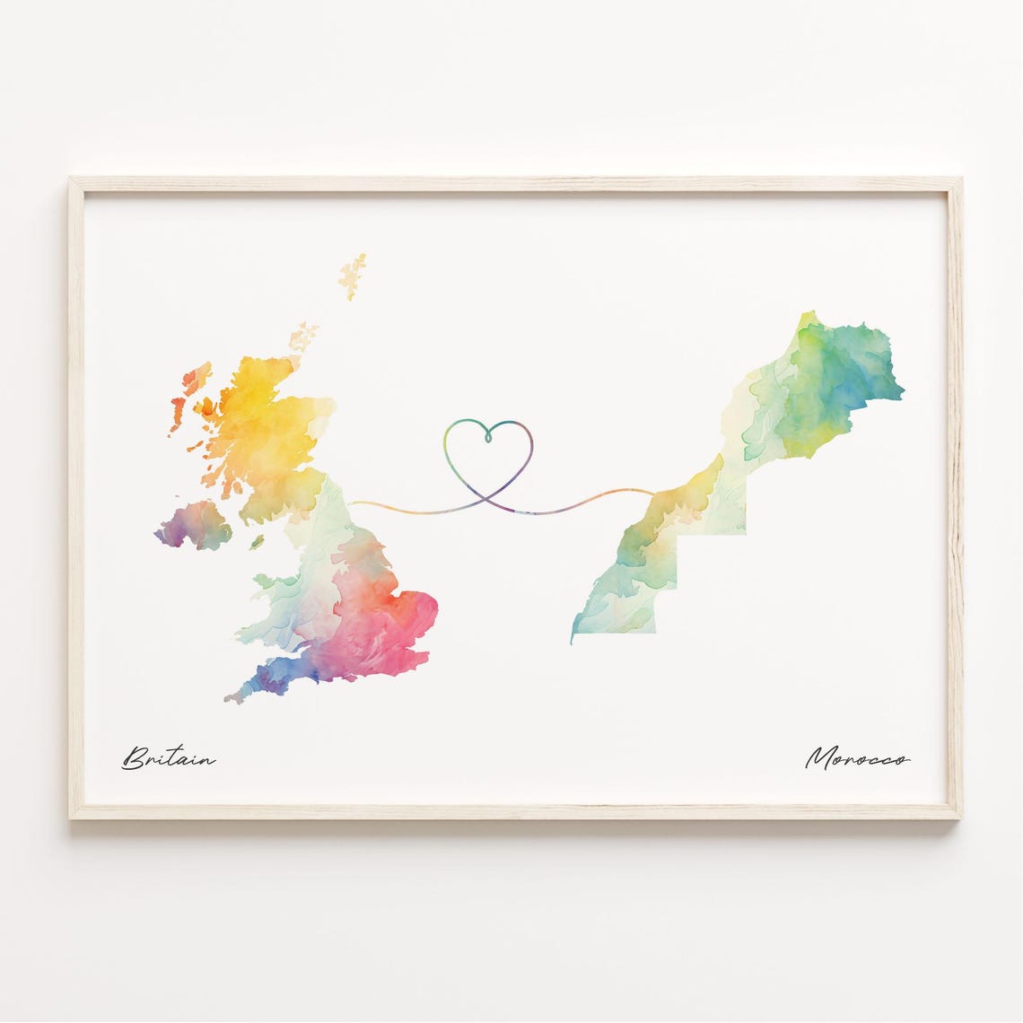 Britain To Morocco Watercolor Map Poster With Heart Connection Art