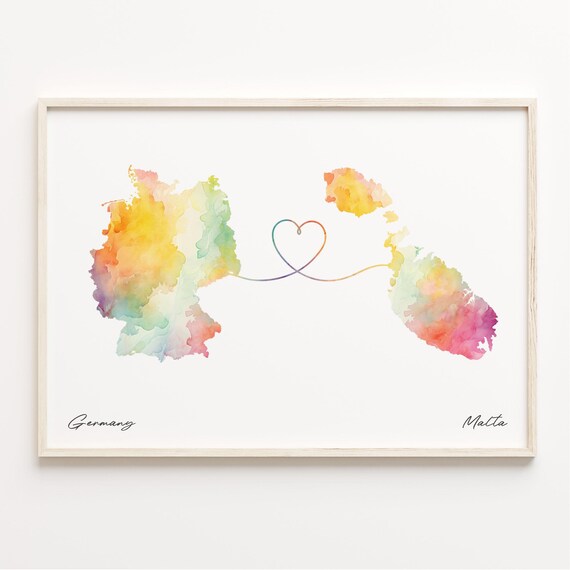 Germany to Malta Watercolor Map with Heart Connection Poster