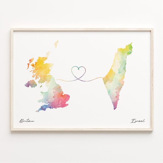 UK to Israel Watercolor Heart Connection Long Distance Gift Poster