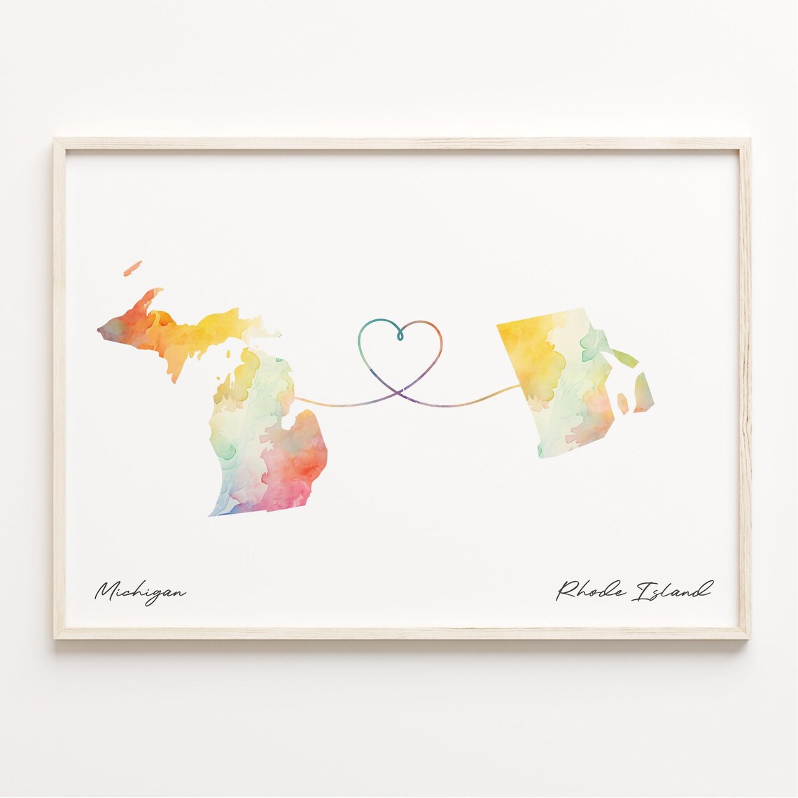 Michigan to Rhode Island Watercolor Map Art Print