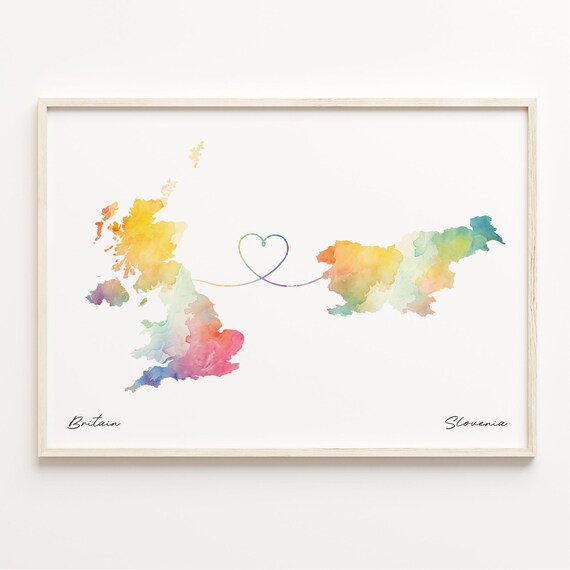 Britain To Slovenia Watercolor Map Heart Live Abroad Gift Poster