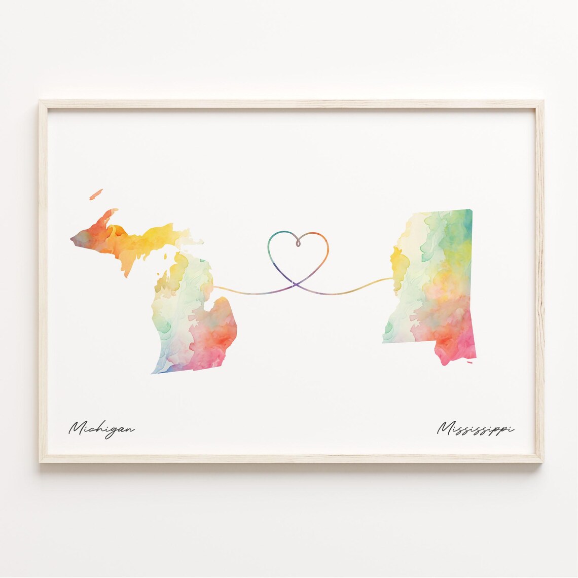 Michigan To Mississippi Watercolor Map Heart Connection Love Poster