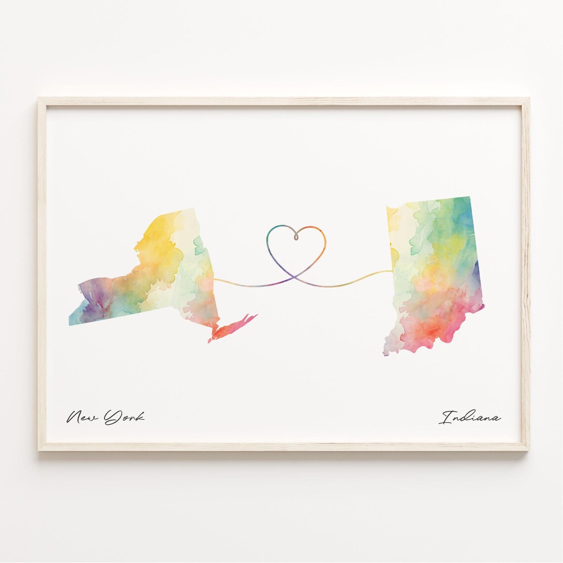 New York and Indiana Watercolor State Map Heart Long Distance Love Poster