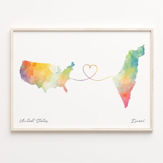 United States to Israel Watercolor Map Heart Long Distance Poster
