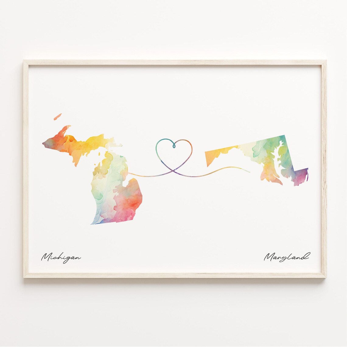 Michigan To Maryland Heart Map Watercolor Long Distance Travel Poster