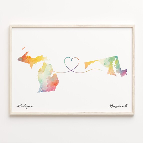 Michigan To Maryland Heart Map Watercolor Long Distance Travel Poster