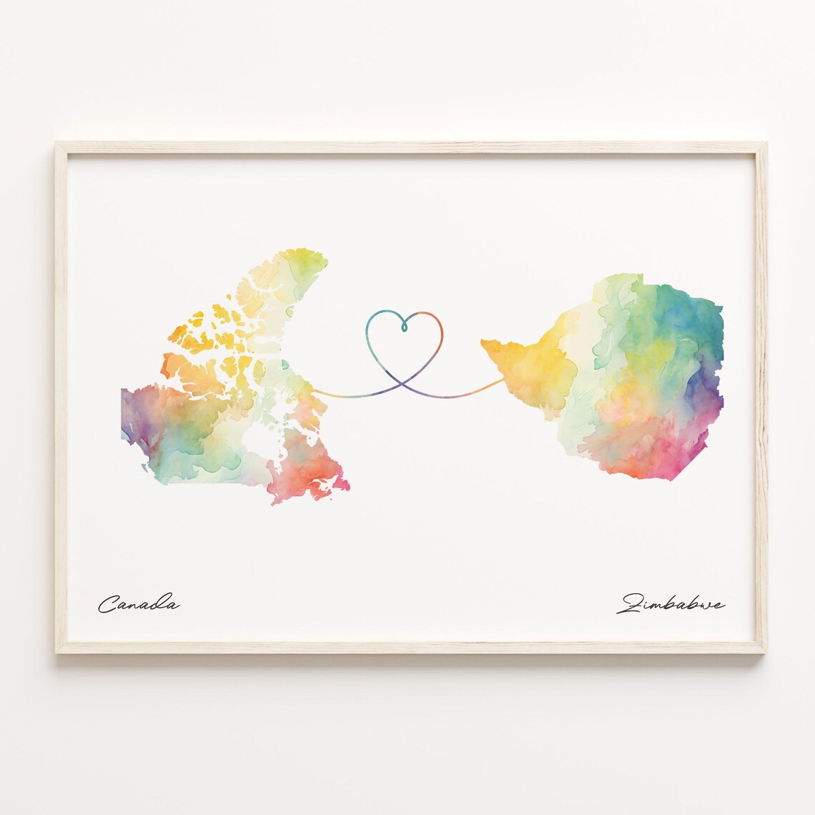 Canada To Zimbabwe Watercolor Map Heart Connection Gift Poster
