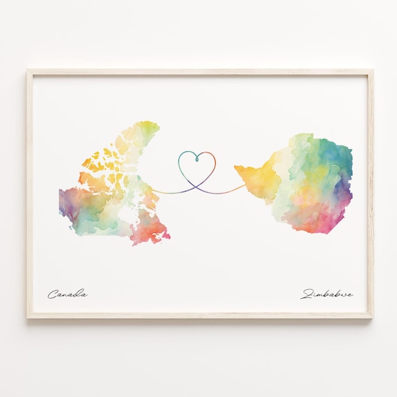 Canada To Zimbabwe Watercolor Map Heart Connection Gift Poster
