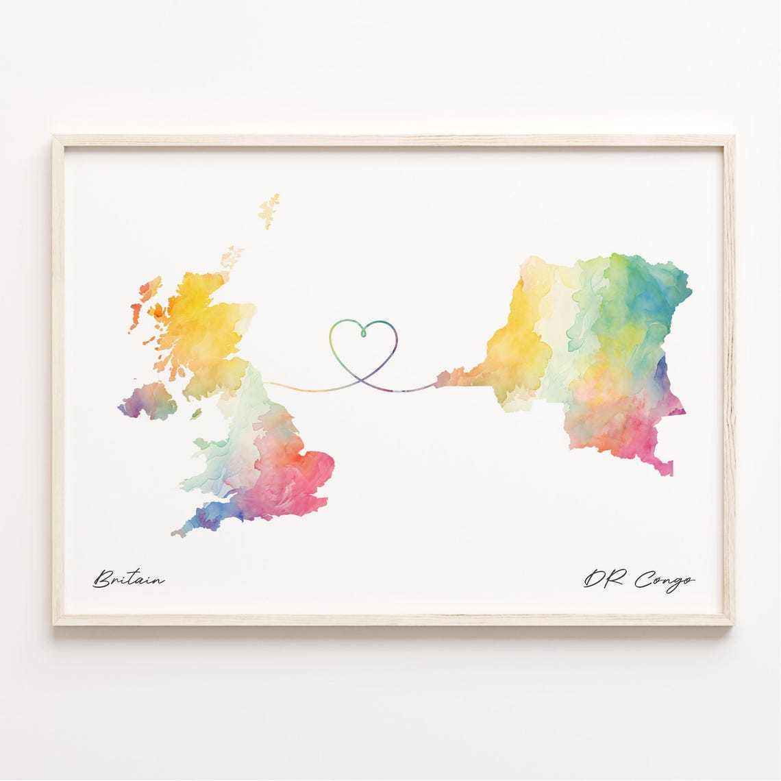 Britain To DR Congo Watercolor Map Heart Connection Love Print