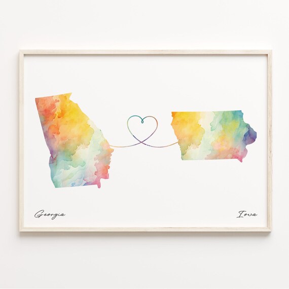 Georgia to Iowa Watercolor State Map Heart Connection Long Distance Print