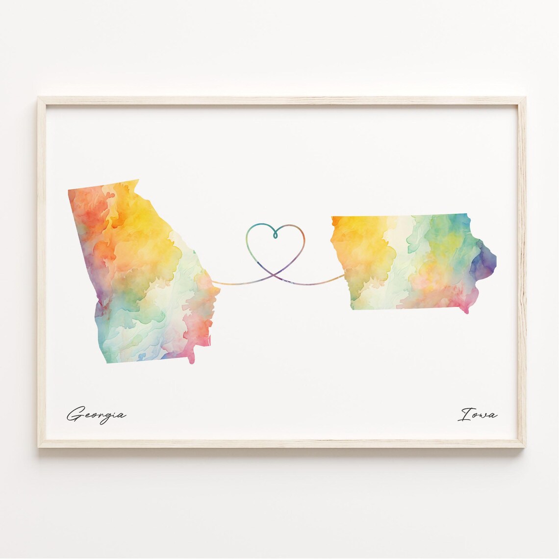 Georgia to Iowa Watercolor State Map Heart Connection Long Distance Print