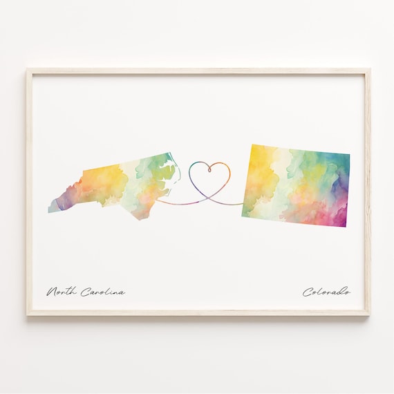 North Carolina To Colorado Watercolor Heart Map Long Distance Poster
