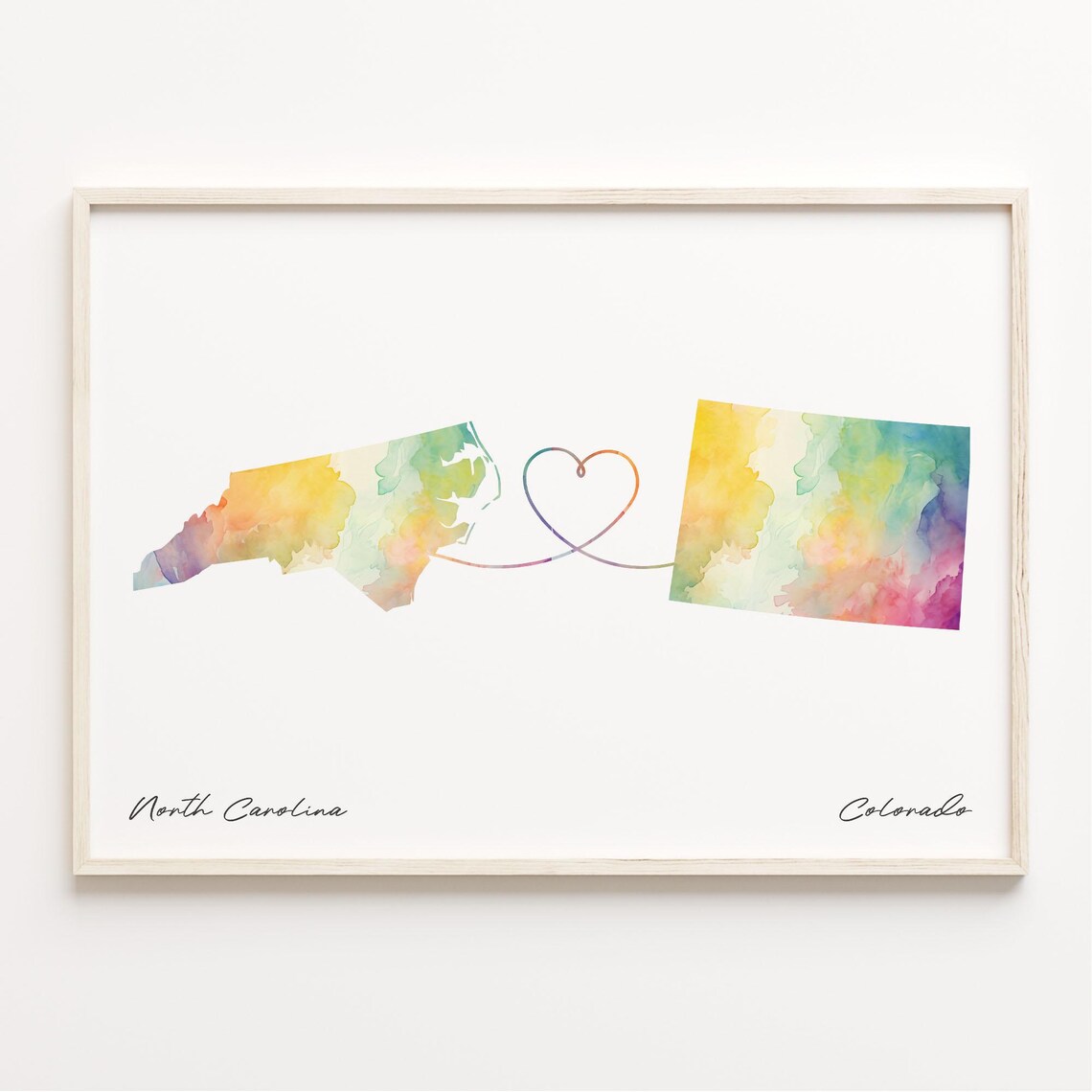 North Carolina To Colorado Watercolor Heart Map Long Distance Poster
