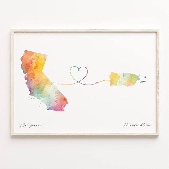 California to Puerto Rico Watercolor Map Heart Print Long Distance Love