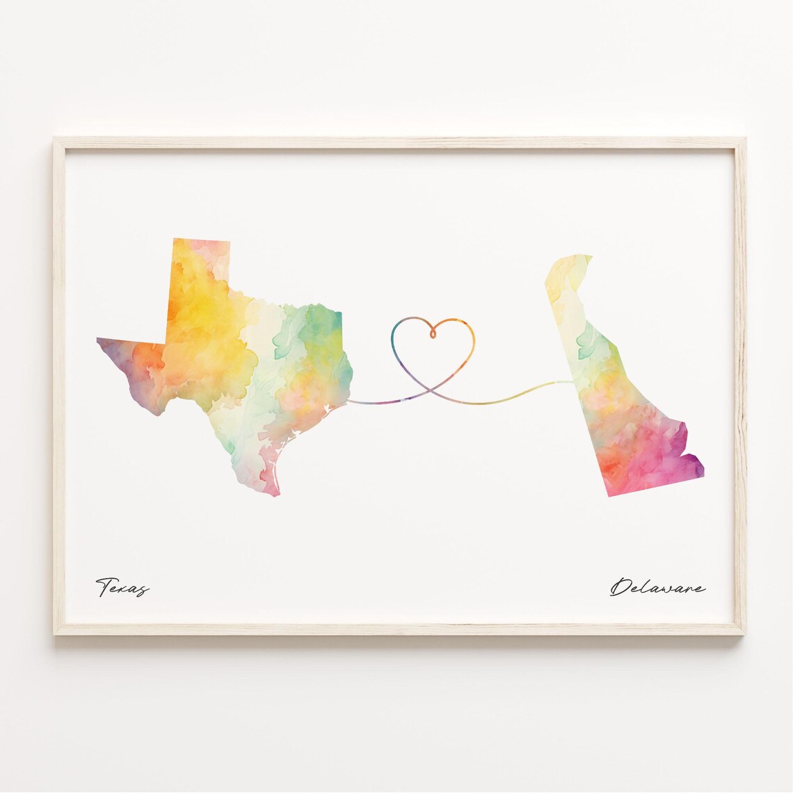 Texas to Delaware Watercolor Heart Map Long Distance Love Print