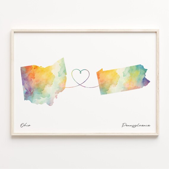 Ohio To Pennsylvania Watercolor Map Long Distance Love Print