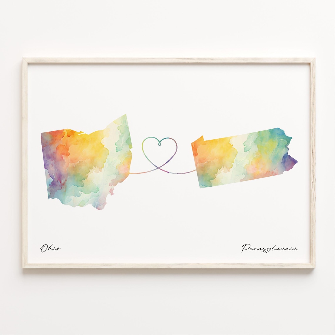 Ohio To Pennsylvania Watercolor Map Long Distance Love Print