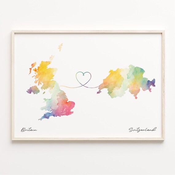 Britain To Switzerland Watercolor Heart Connection Keepsake Poster