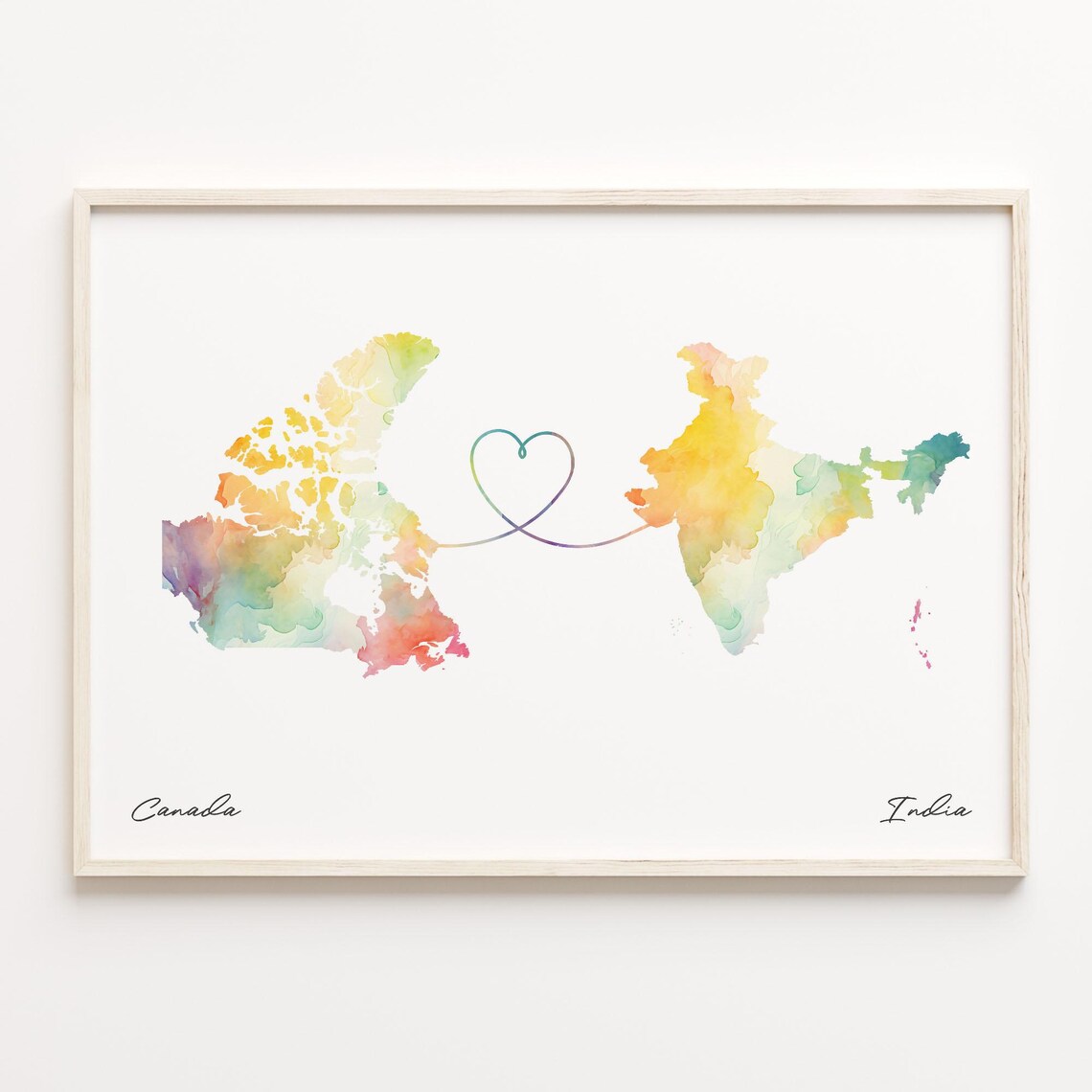 Canada To India Watercolor Map Heart Connection Travel Gift Poster