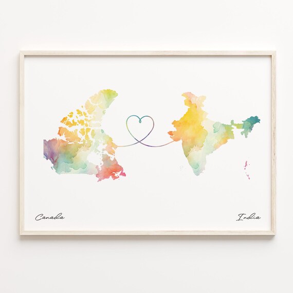 Canada To India Watercolor Map Heart Connection Travel Gift Poster