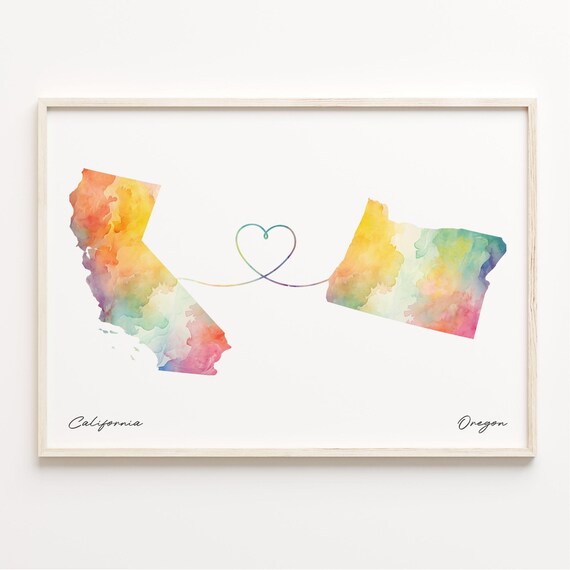 California to Oregon Watercolor Heart Connection Map Poster for Couples
