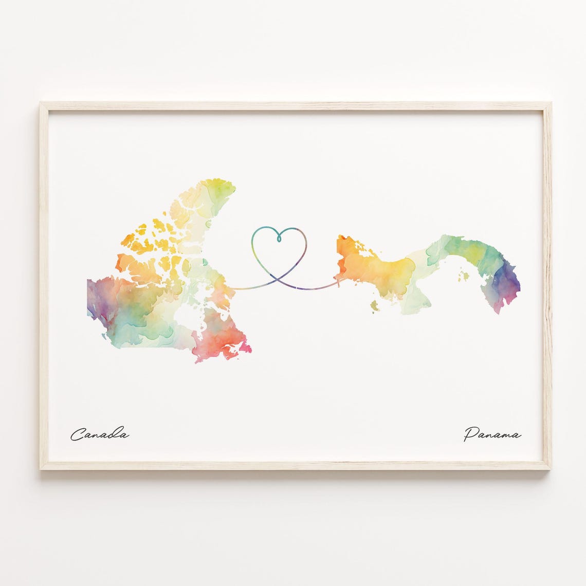 Canada to Panama Watercolor Country Map Heart Connection Poster