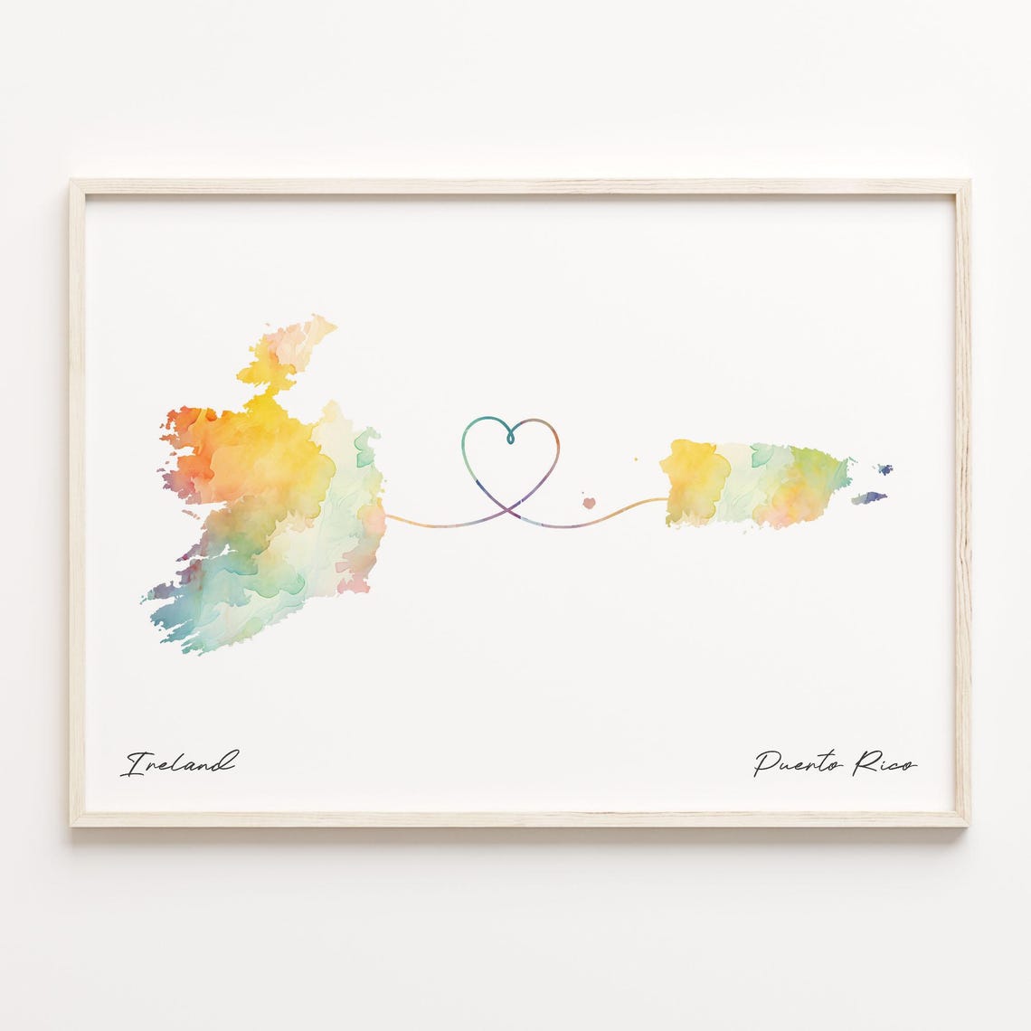 Ireland to Puerto Rico Watercolor Map Heart Connection Poster