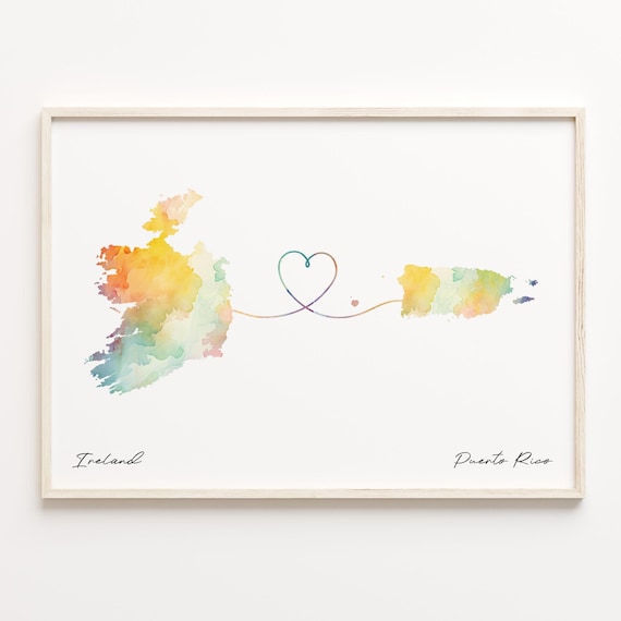 Ireland to Puerto Rico Watercolor Map Heart Connection Poster