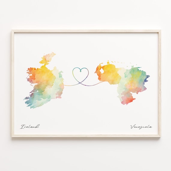 Ireland To Venezuela Long Distance Watercolor Heart Map Poster