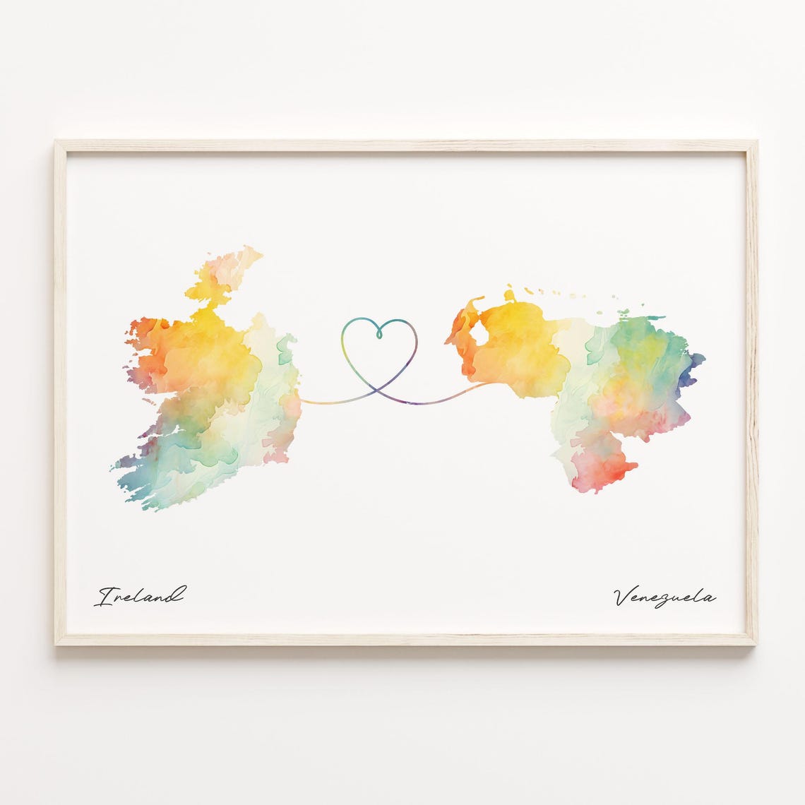 Ireland To Venezuela Long Distance Watercolor Heart Map Poster