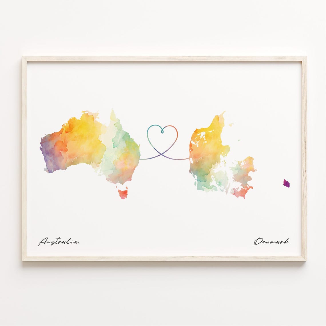 Australia to Denmark Watercolor Heart Connection Map Art Poster