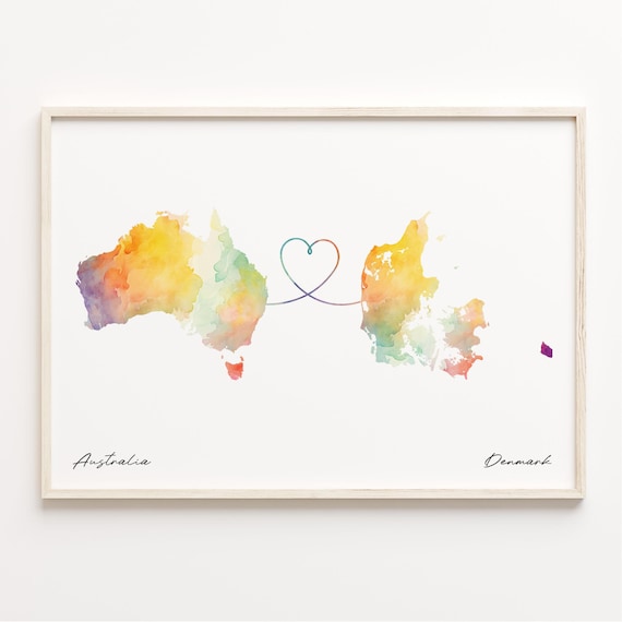 Australia to Denmark Watercolor Heart Connection Map Art Poster