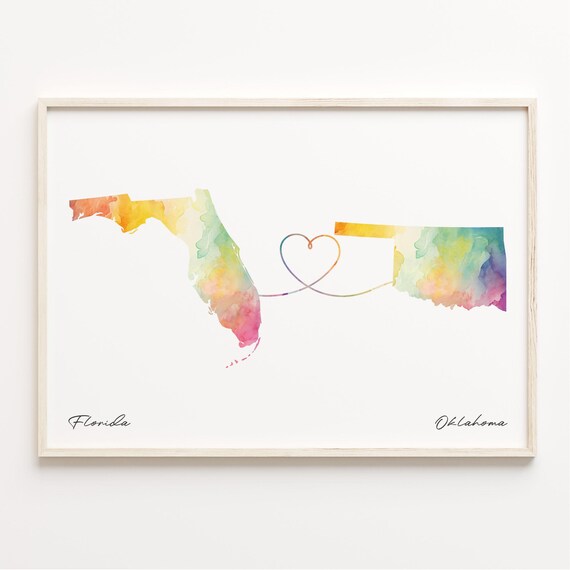 Florida and Oklahoma Watercolor State Map Heart Connection Poster