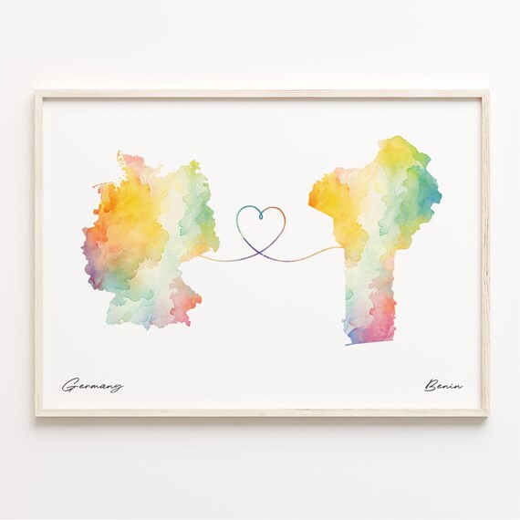 Germany to Benin Watercolor Map Poster Heart Line Long Distance Gift