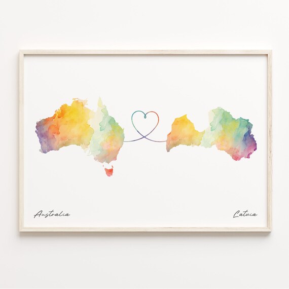 Australia to Latvia Watercolor Map Heart Long Distance Gift Poster