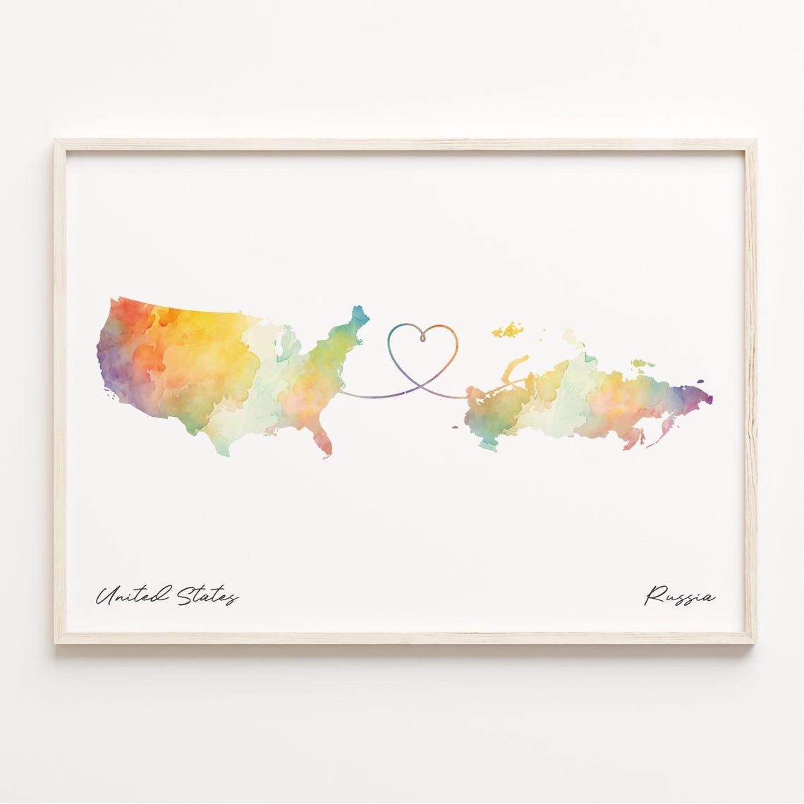 United States Russia Watercolor Map Heart Connection Wall Art