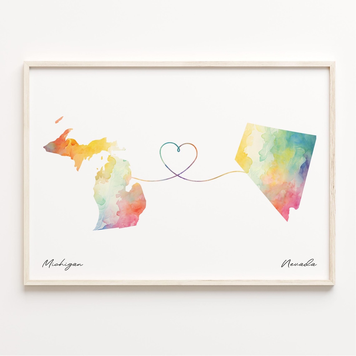 Michigan to Nevada Watercolor Map Heart Long Distance Love Poster