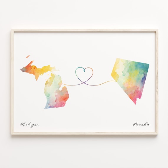 Michigan to Nevada Watercolor Map Heart Long Distance Love Poster
