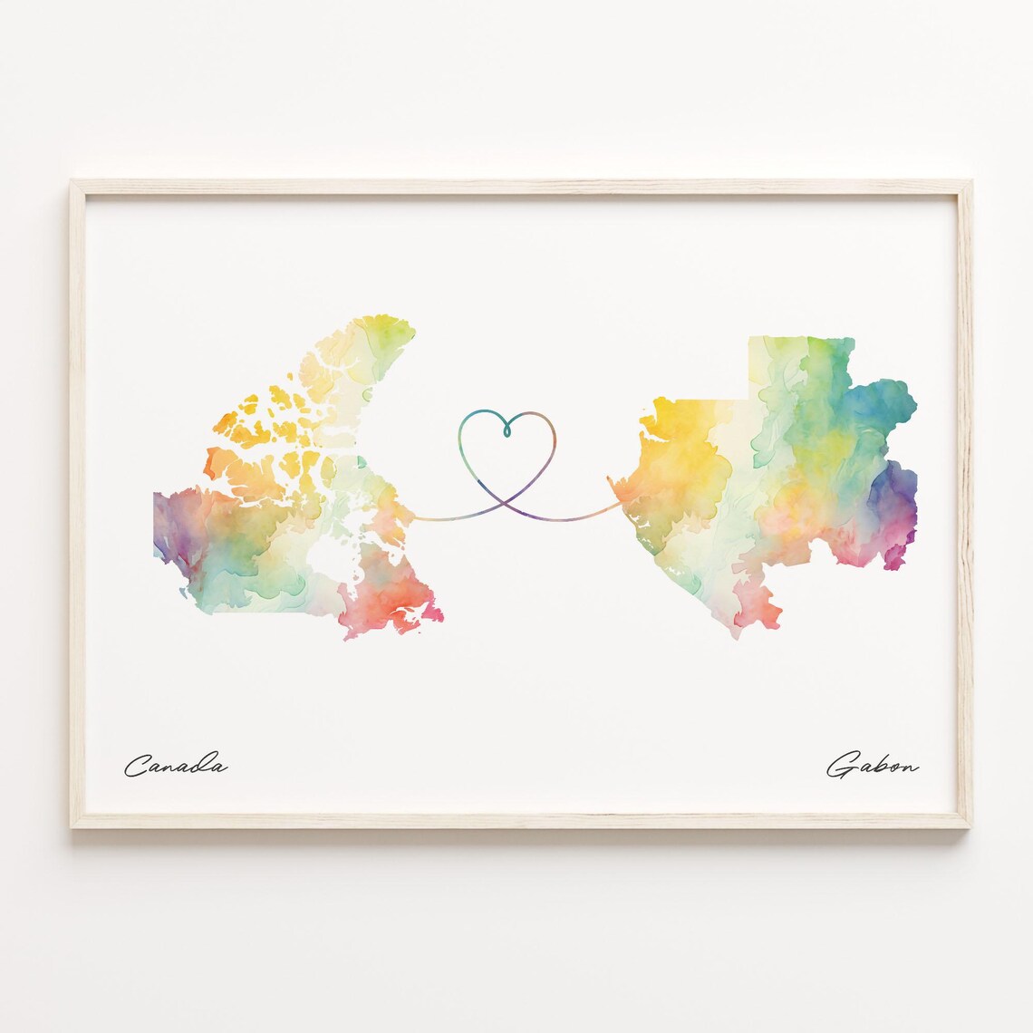 Canada To Gabon Watercolor Heart Map Long Distance Love Poster