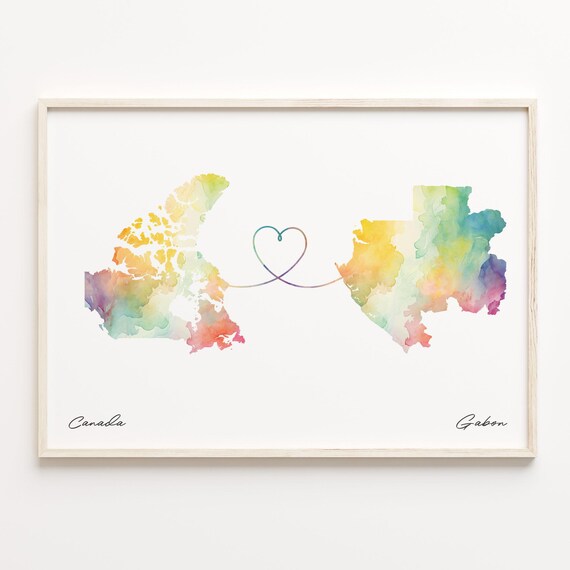 Canada To Gabon Watercolor Heart Map Long Distance Love Poster