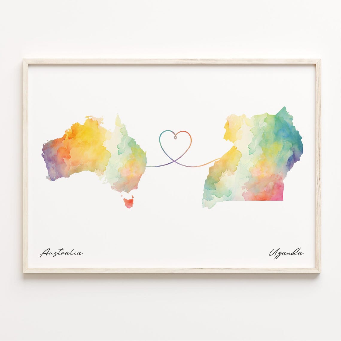 Australia to Uganda Watercolor Map Heart Connection Love Poster