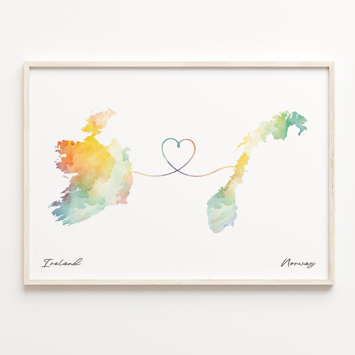 Romantic Ireland And Norway Watercolor Map Heart Ribbon Art Poster