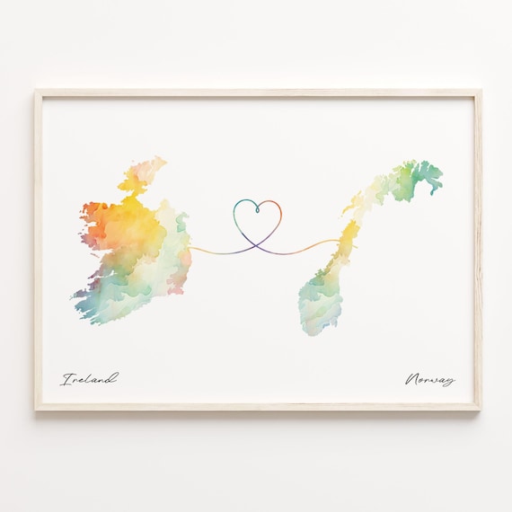 Romantic Ireland And Norway Watercolor Map Heart Ribbon Art Poster